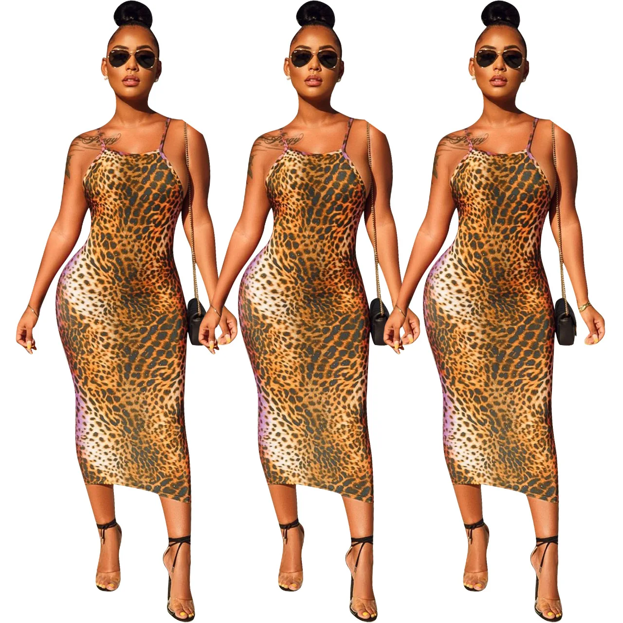 

Wholesale hot sales Sexy casual dress leopard print open back dresses suspender cross african dress women