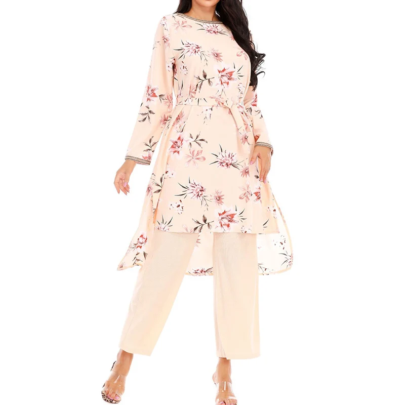 

New Arrival Malaysia Plus Size Women Baju Kurung Modest Islamic Clothing Sets Ribbed Pants Printed Tops 2 Pcs Abaya Suit, As pic available also accept customized color