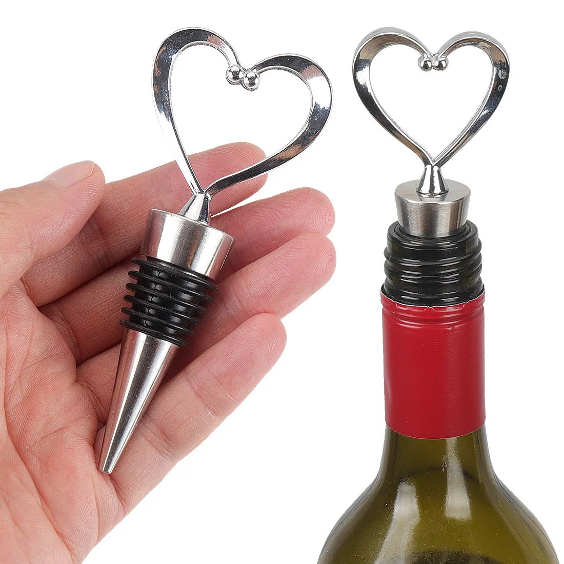 

CL359 1Pc Elegant Heart Shaped Red Wine Champagne Wine Bottle Stopper Valentine Wedding Gifts Heart-topped Chrome Bottle Stopper, Black