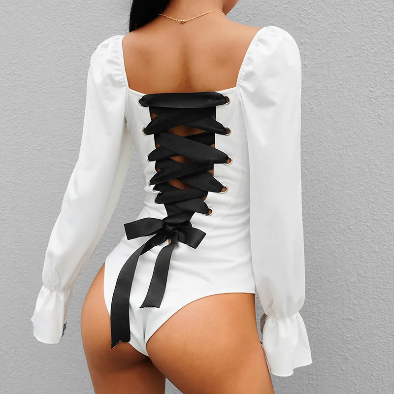 

2021 Fashion sexy women lace up long puff sleeve backless bodycon jumpsuit, White/black/blue