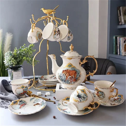 

New Arrival 20 Pcs Nordic Luxury Gold Stand Cup Holder Jungle Porcelain Coffee Tea Sets