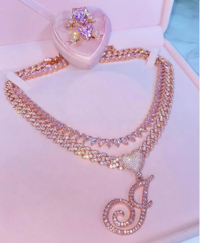 

Hot sale Luxury women iced out jewelry diamond cuban link chain rose gold cursive heart initial tennis chain necklace