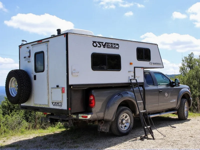 Completed DIY slide in truck camper on mountain road