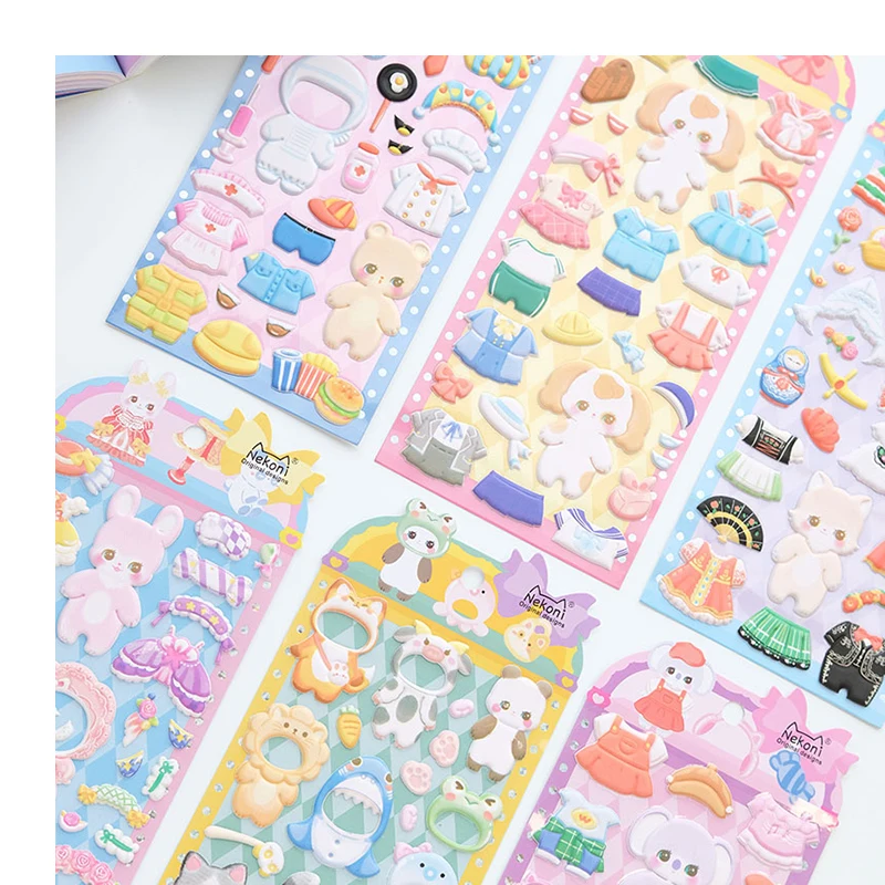 Nekoni Aesthetic Kawaii Dog Cat Bear Panda Animal Dress-Up Foam Decals Puffy Sticker 3D Reusable Stickers Dress up Doll Stickers
