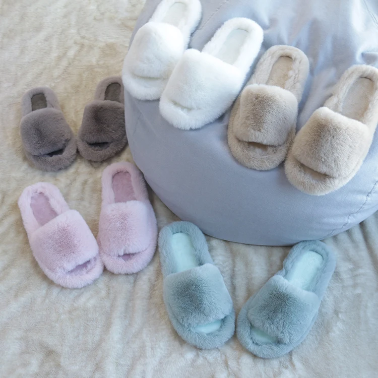 

Fashion Soft Plush Furry Open Toe Imitated Rabbit Fur Slides Fuzzy Fluffy House Indoor Shaggy Slippers for Women