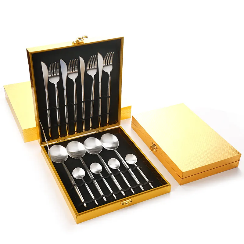 

High Quality Cutlery Sets 16 Pieces Golden Stainless Steel Snife Fork Spoon with Wooden Box for Luxury Gift