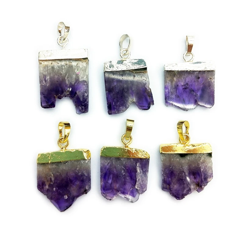 

Natural Slice druzy Amethyst rough Random Shape Pendants Price Gold Electroplated Bail For Women Fashion Necklace, Purple natural pendant