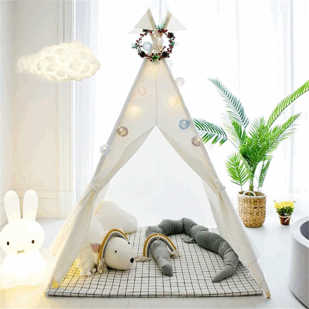Classic foldable white cotton canvasiIndoor or outdoor indian play tent wood home decor best selling kids indoor tent