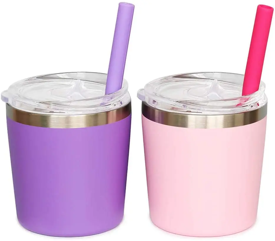 

8oz Cute Small Stainless Steel Mom and Kids Tumbler - stacking Toddler Smoothie Cup with Lid and Silicone Straws kids sippy cup, Blue/green/pink/purple