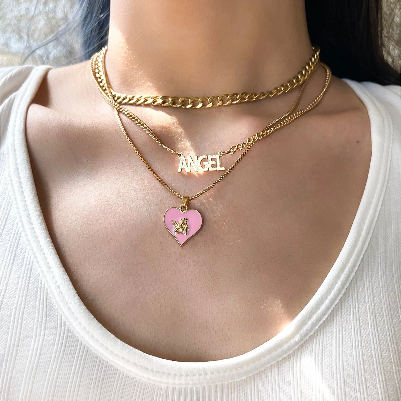 

Sindlan Vintage Gold Necklace Angel Letter Necklace Hiphop Pink Heart Layered Chains Necklace, As picture shows