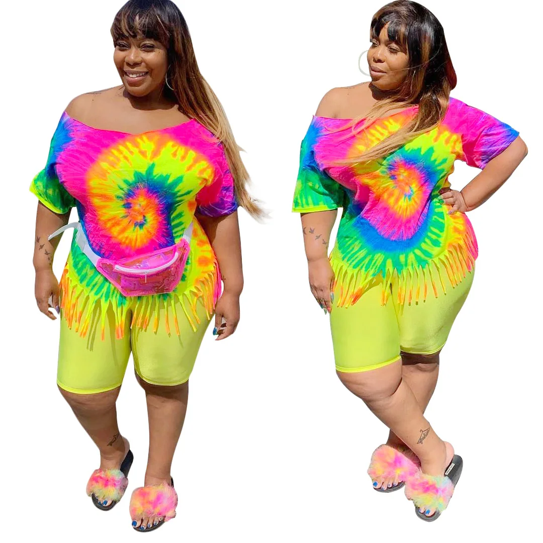 

Women Clothes 2021 Summer Tie Dye Print Patchwork Tassel Plus Size T-Shirt And Biker Shorts Woman 2 Piece Short Set Outfits, Picture color