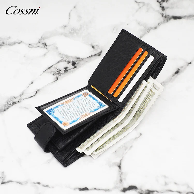 

Hot Selling Amazon Handmade Bifold Card Holder Purse Genuine Leather Man Wallet RFID Short Fashion Polyester Cover, Black