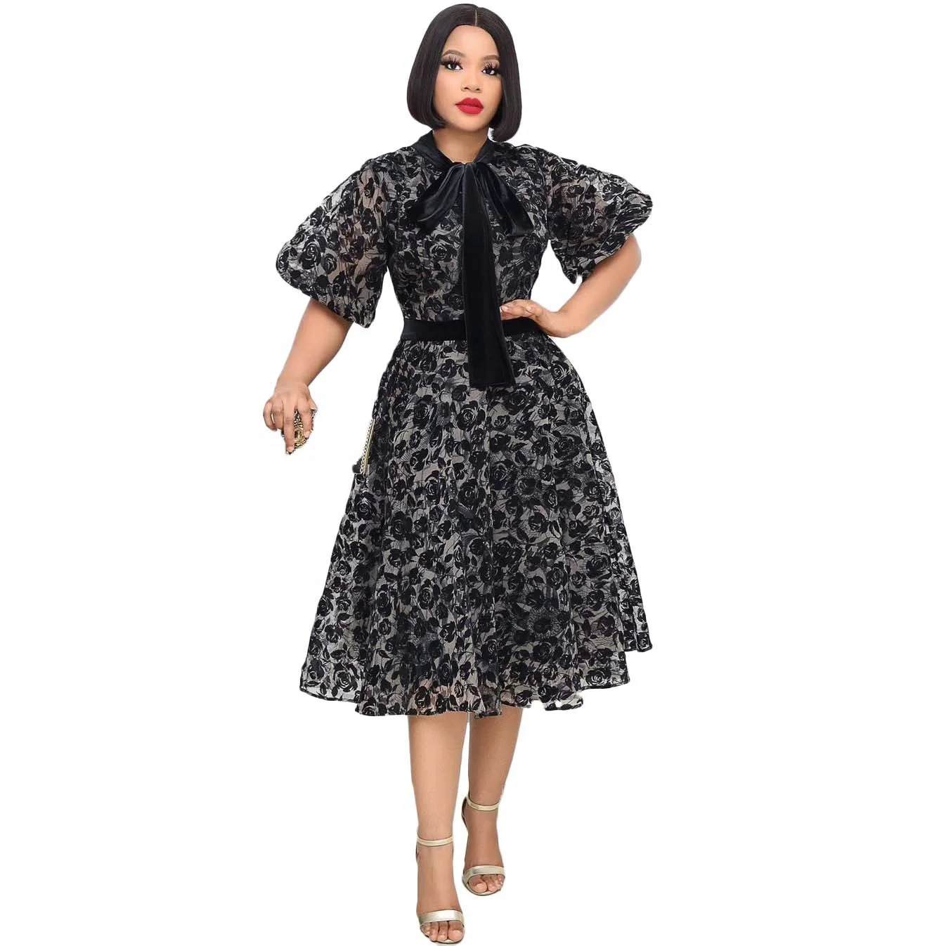 

DLL ATE-D111C 2020 Amazon Black Floral Half Puff Sleeve Woman Office Cute Cocktail Dresses for Ladies, As picture or customized make