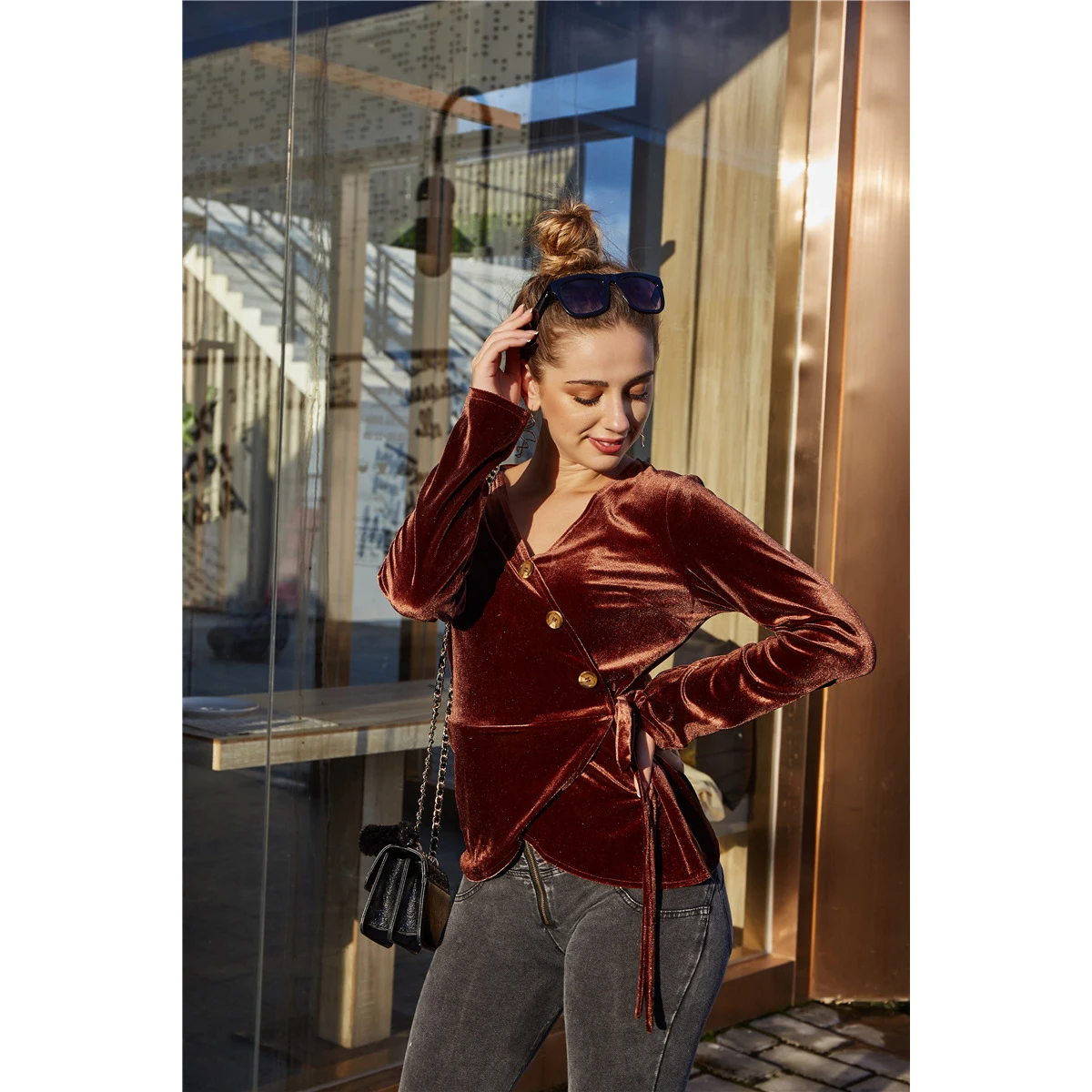 

Ladies' Blouses 2020 New Designs Women Sexy V neck Long Sleeve Side Wrap Tie Velvet Shirts Tops Woman Blouse