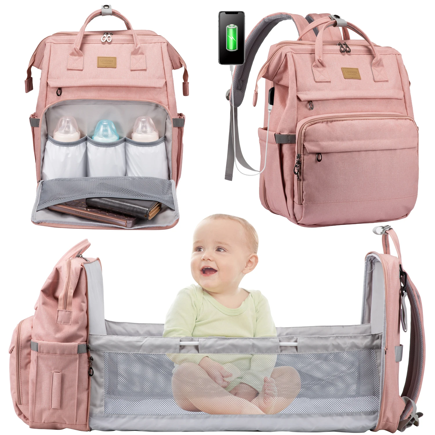 

LOVEVOOK High Quality Diaper Bag Portable Nappy Mommy Bagpack Travel Changing Pad Backpack Foldable Baby Bed Diaper Bag Backpack, Customized colors