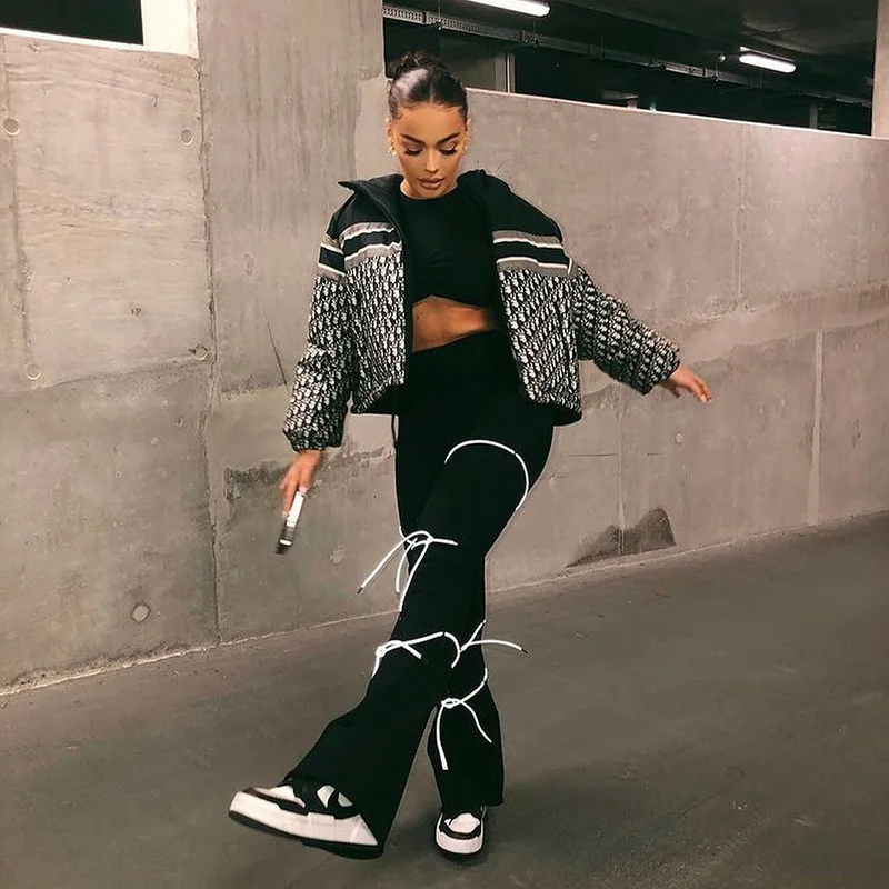 

Fashion Ladies High Waist Reflective Ropes Pants Black Flared Bottom Trousers