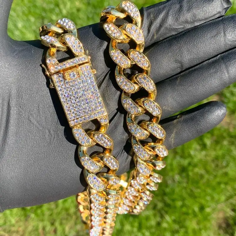 

Hip Hop Jewelry Gold Plated CZ Diamond Necklace Bracelet Iced Out Miami Cuban Link Chain Necklace For Mens Jewelry, Silver gold