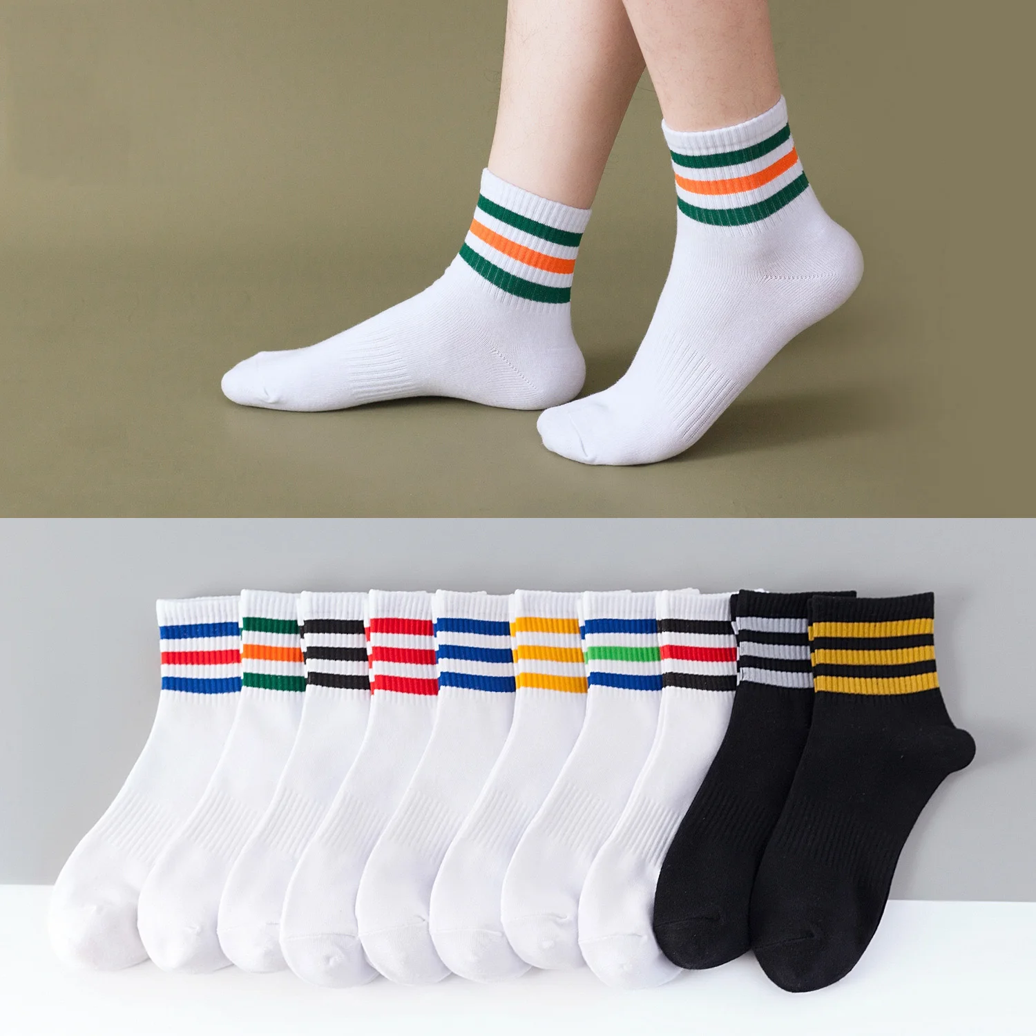 

SC108 Wholesale Striped tube socks pure cotton cotton yarn socks simple breathable sports men's socks