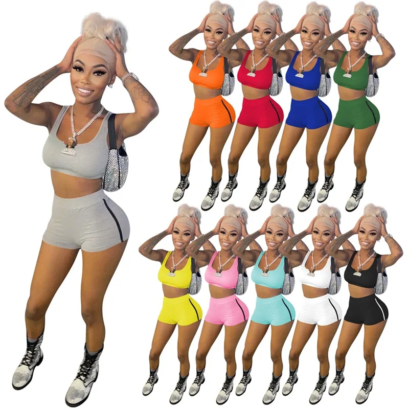 

Wholesale Summer Lady Yoga Sport Wear Sleeveless Two Piece Set Crop Top Shorts Sets 2 pieces biker shorts set for women