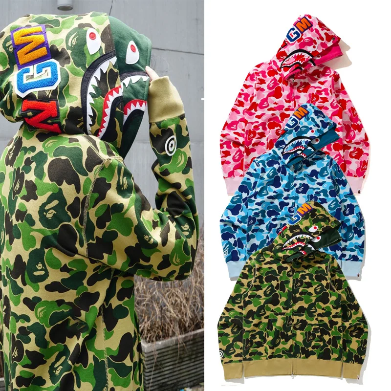 

2021 Fall Winter Men's Shark Camouflage Hoodie Fashion Casual Sports Hooded Jacket double BApe Hoodie