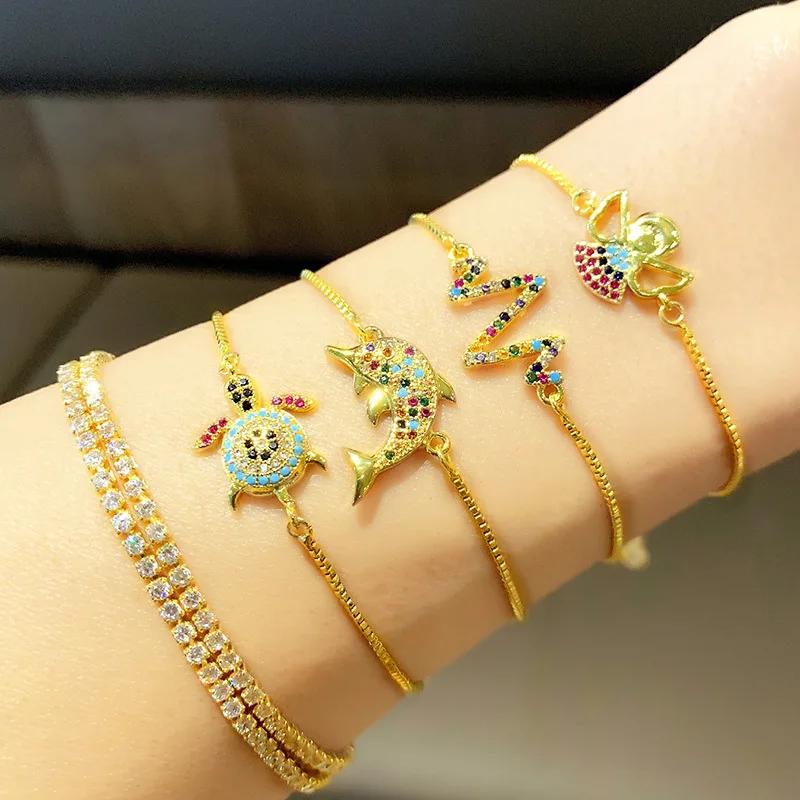 Fashion Charm Adjustable Brass Cute Animal Rainbow Zircon Tortoise Dolphin Chain Bracelet Jewelry for Women