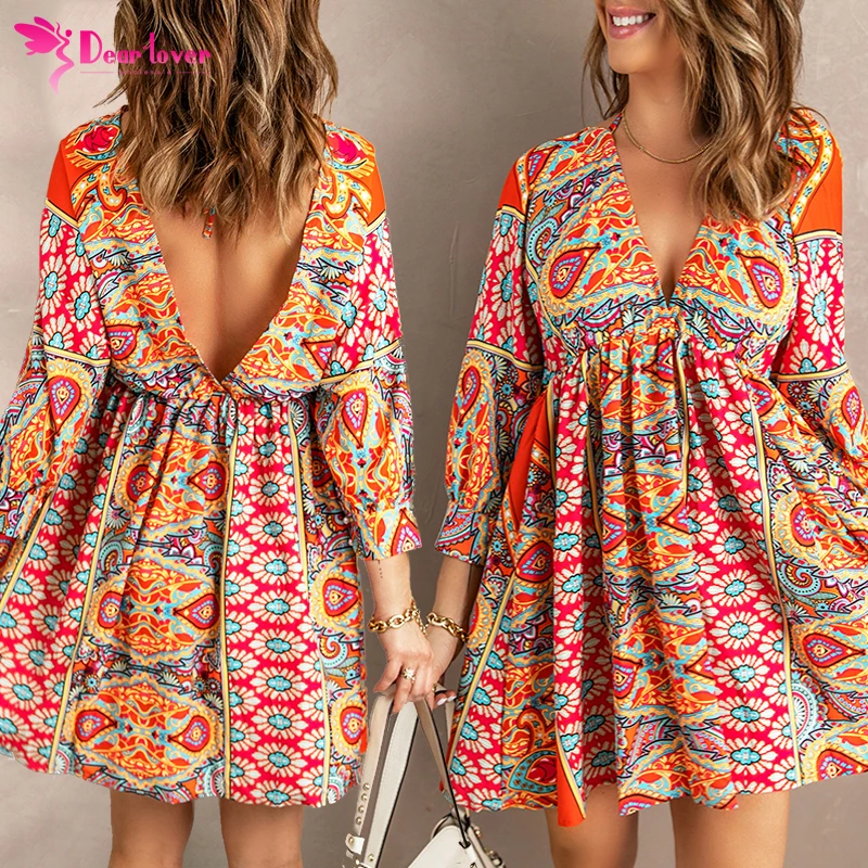 

2022 Fashion New Wholesale Vestido Women Vintage Floral Print V Neck Cut-Out Ruffle Mini Bohemian Boho Dress, Customized boho dress