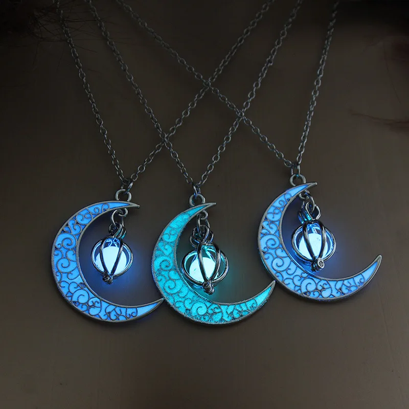 

Amazon Hot Sale Luminous Light Moon Necklace Glowing Blue Pumpkin Half Moon Pendant Necklaces Jewelry For Halloween, Picture