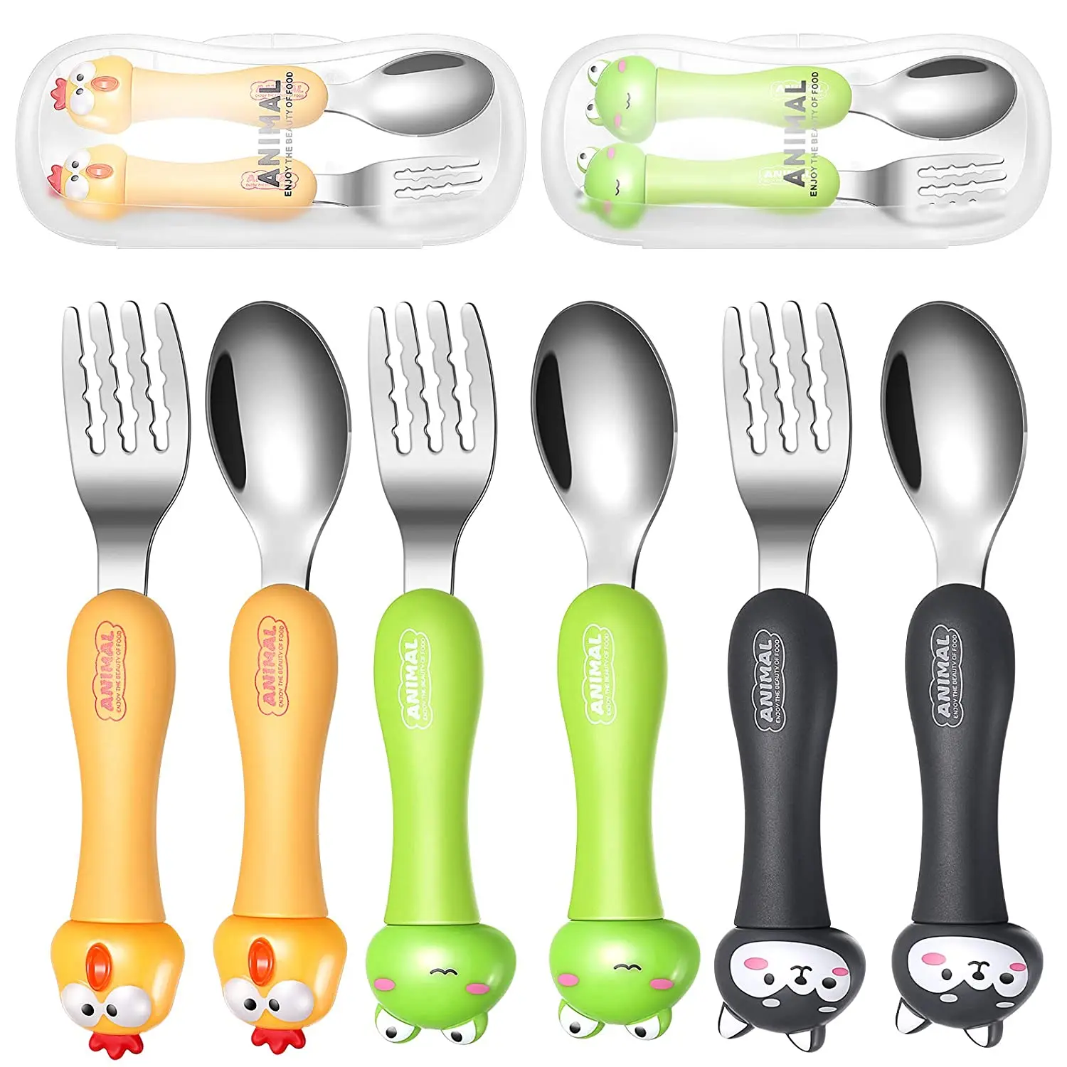 

Wholesale Stainless Steel Plastic Handle flatware Outdoor School Eating Cute Children safe Spoon Fork Kid Cutlery Set With Box, Customized color