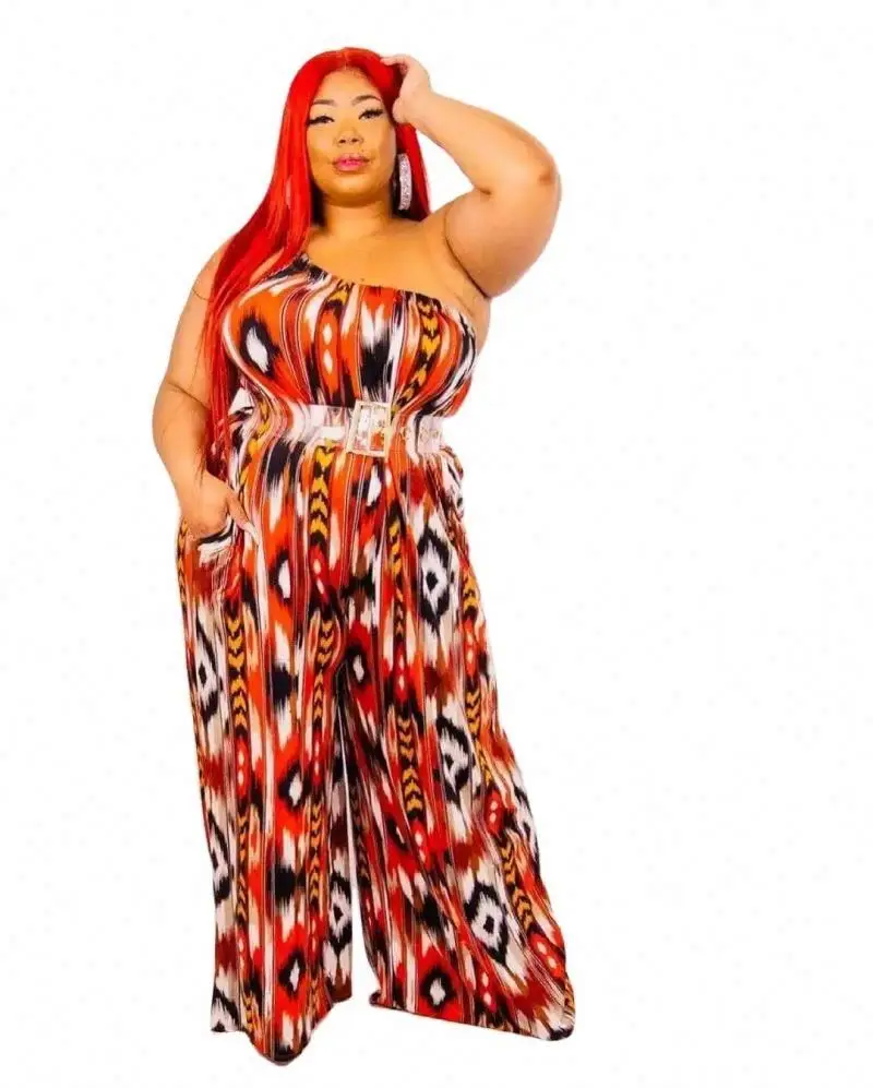 

Byww fashion new arrival plus size wide leg jumpsuit women paisley printed sleeveless one shoulder one piece jumpsuit