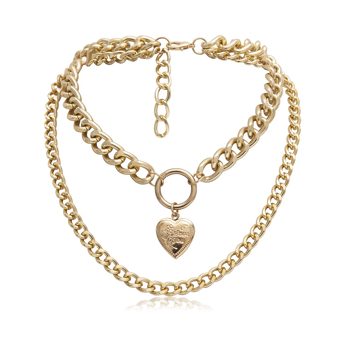 

Gold Tone Statement Double Layer Chunky Chain Necklace with Heart Box Pendant silver necklace
