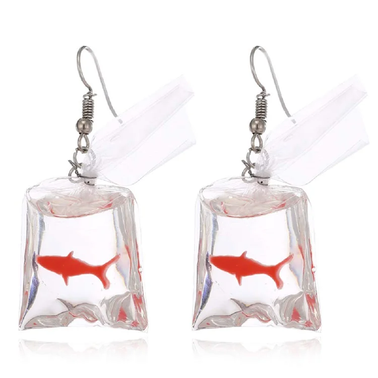 

Unique Statement Funny Design Goldfish Fish in Bag Drop Dangle Resin Acrylic Earrings