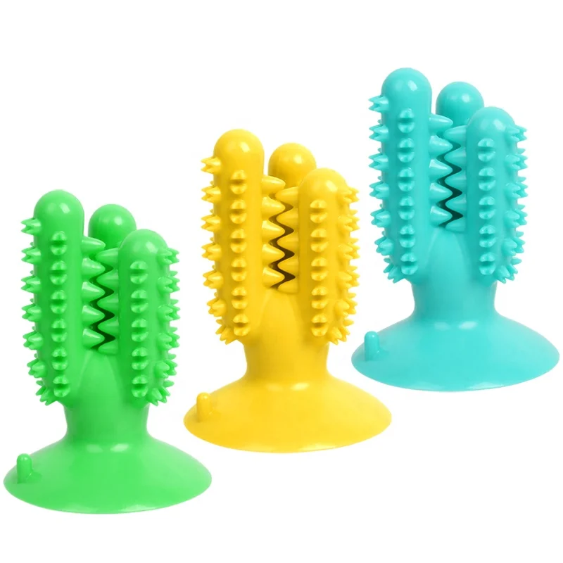 

Factory Wholesale Rubber Pet Molar Toy Toothbrush Stick Cactus Interactive Dog Toothbrush Chew Toy, Green/lake blue/yellow