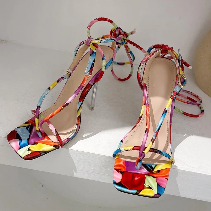 

2022 New Summer Woman Sandals Classic Mixed Colour Cross Strap Lace-Up Party Pumps High Heels Ladies other sandals heeled Shoes