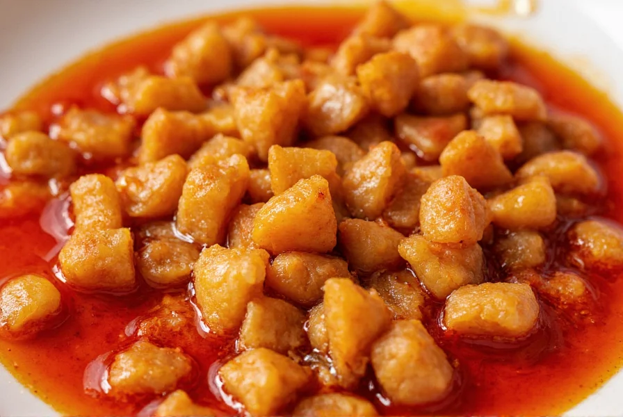 Close-up of chili garlic crunch showing golden crispy garlic bits suspended in red oil with visible chili flakes