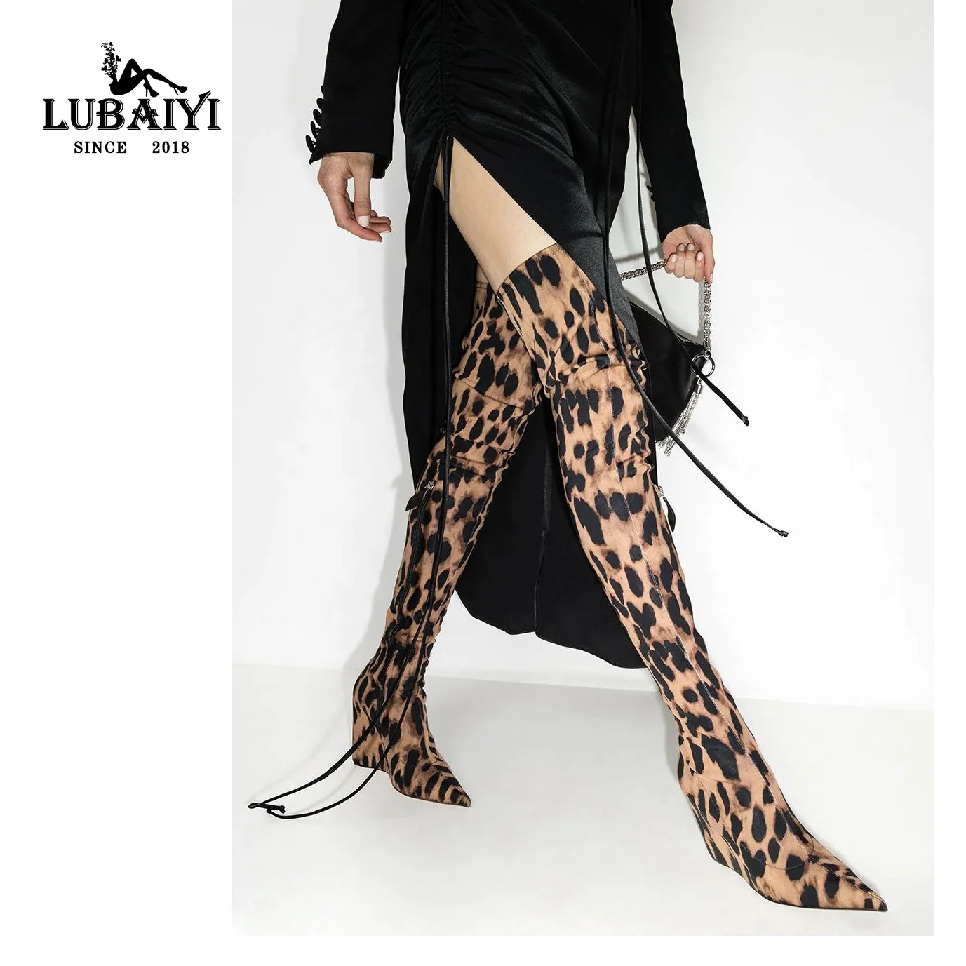 

Animal Print Sexy leopard boot Chunky wedge boots women Pointed Toe over the knee boots thigh high