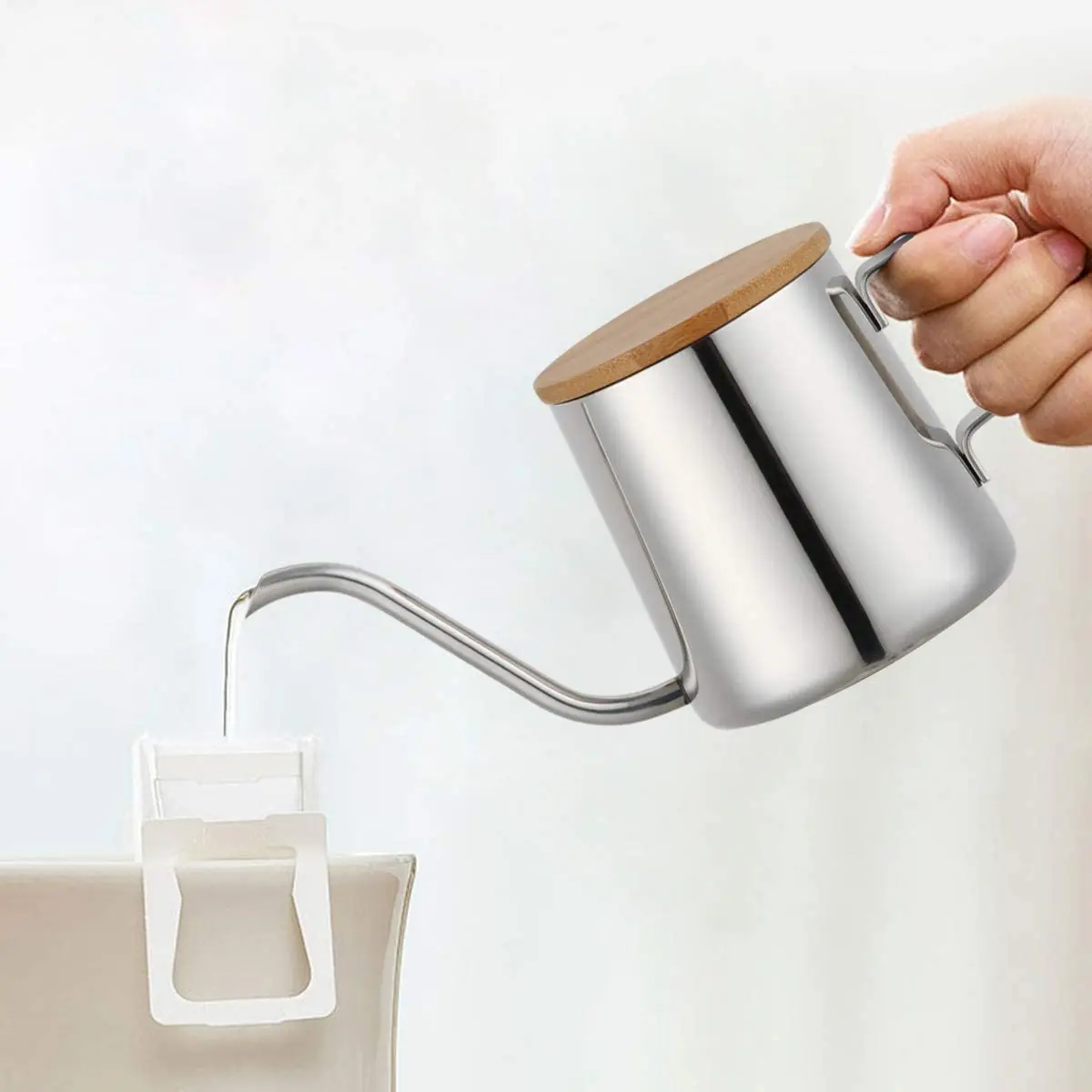 

12oz Long Narrow Spout Coffee Pot Gooseneck Kettle Stainless Steel With Wooden lid