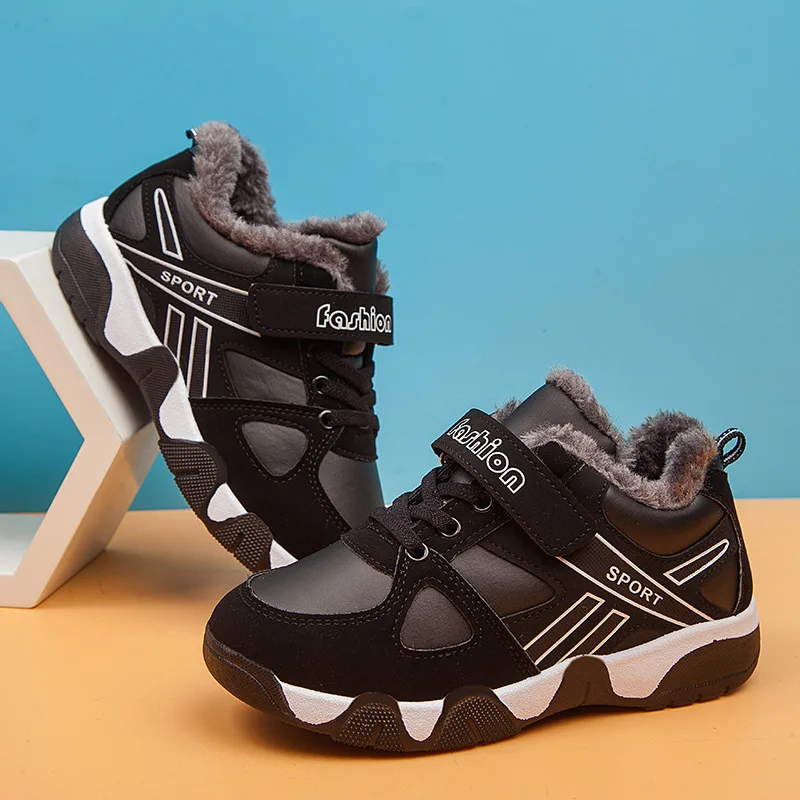 

Autumn Winter Boys' Velvet Warm Shoes New Kids's Non Slip Color Matching Leather Sneakers School Running