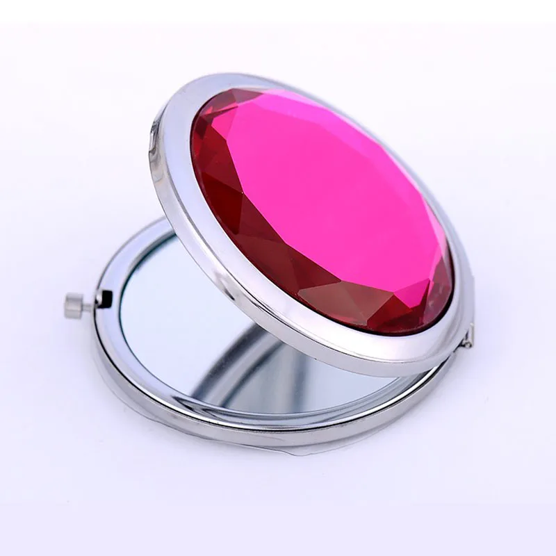 

Fashion Foldable Metal Round Mini Compact Makeup Mirror With Red Diamond Shape Crystal Pocket Mirror, Silver frame