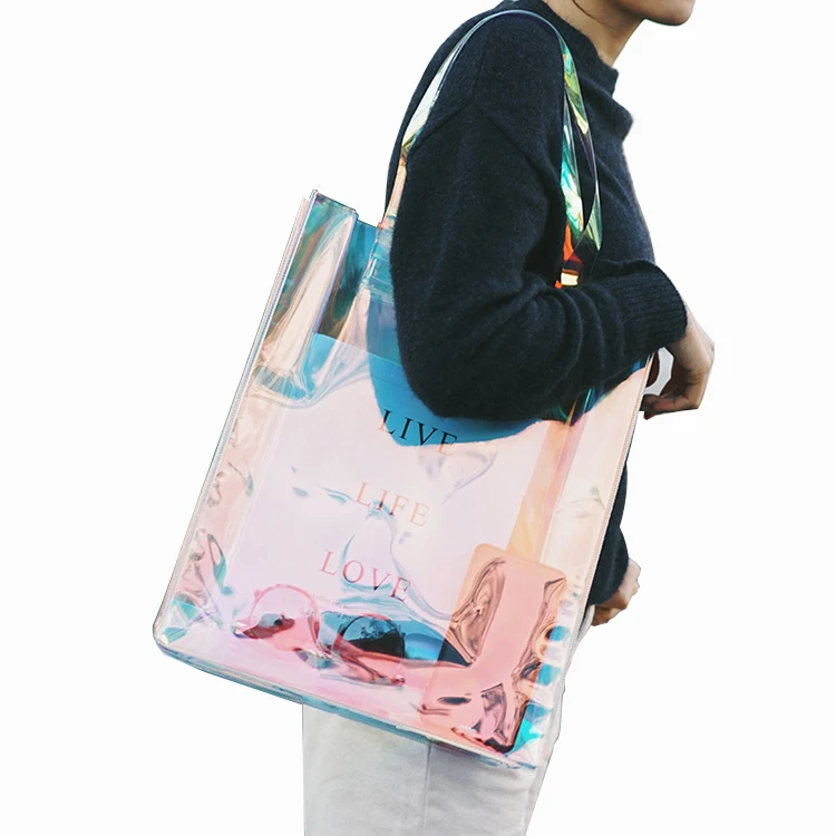 

Fashion Hologram PVC Tote Bag Clear Laser Handbag Transparent Holographic Iridescent Shopping Bags