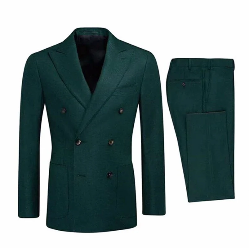 Grey Double Breasted Men Suits Green Jacket Pants Design 2 Pieces ...