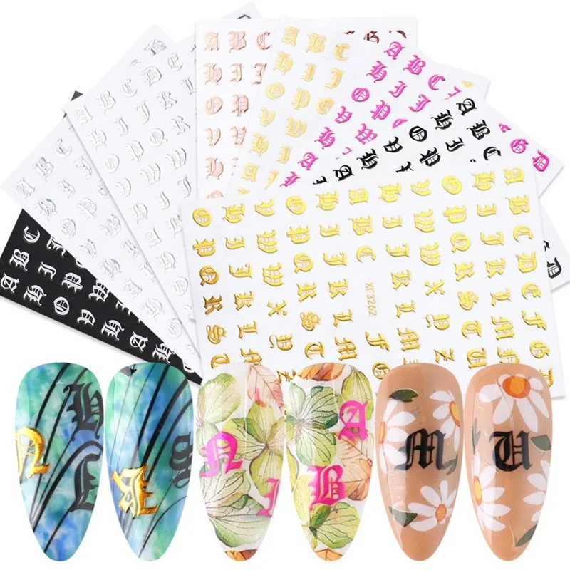 

Retro English 8 Designs Roman alphabet Letters Adhesive Words Nail Art Stickers, 8 colors