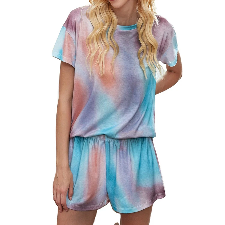 

Drop shipping 2021 summer new women's tie-dye gradient color pajamas short-sleeved home service suit