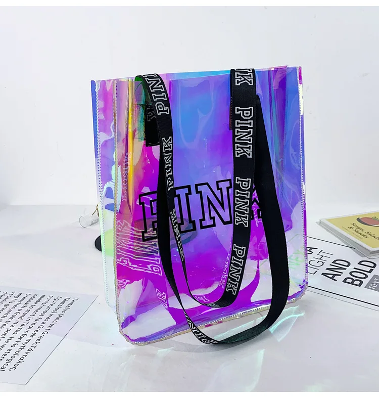 

Wholesale pvc large custom female designer clear laser shoulder tote bag, Pink, yellow, purple, rose pink