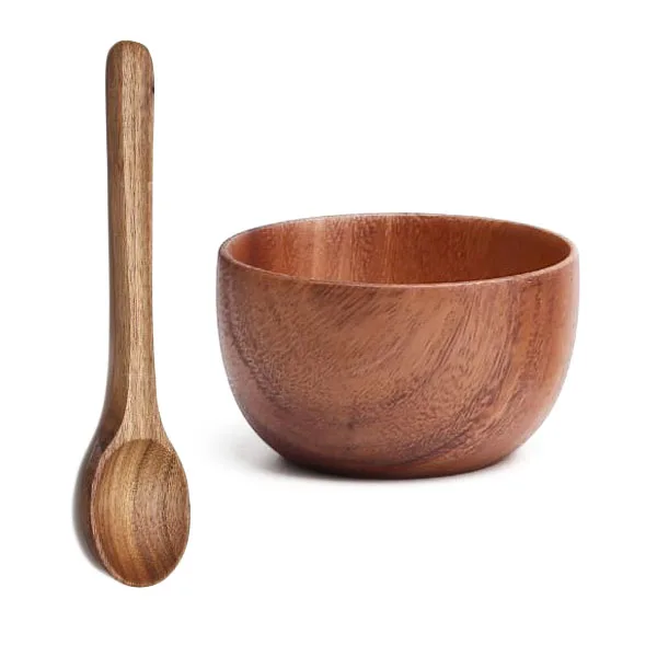 

Cute design eco friendly children mixing dining small acacia wood bowl spoon set for tableware, Natural wood color