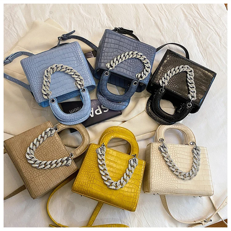 

New arrivals crocodile pattern rhinestone chain daisy bag luxury handbags for women ladies hand bags women purses, 6 colors