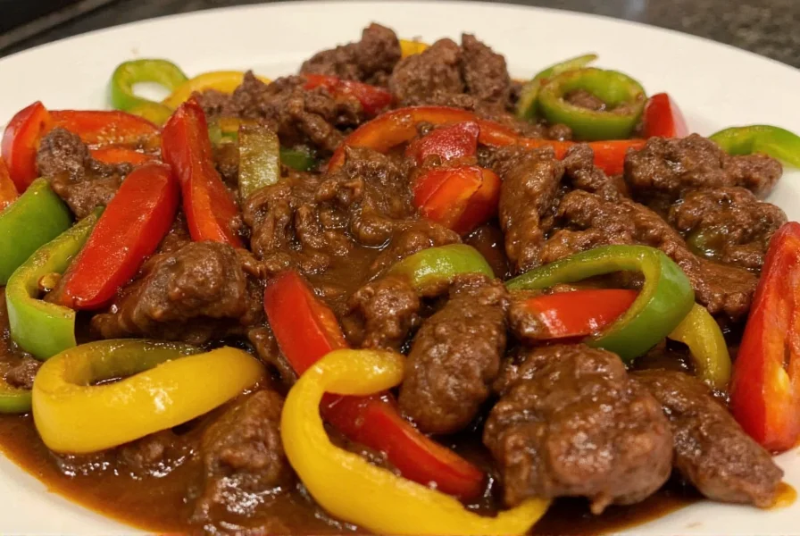 Finished pepper steak dish with glossy sauce coating tender beef and colorful bell peppers