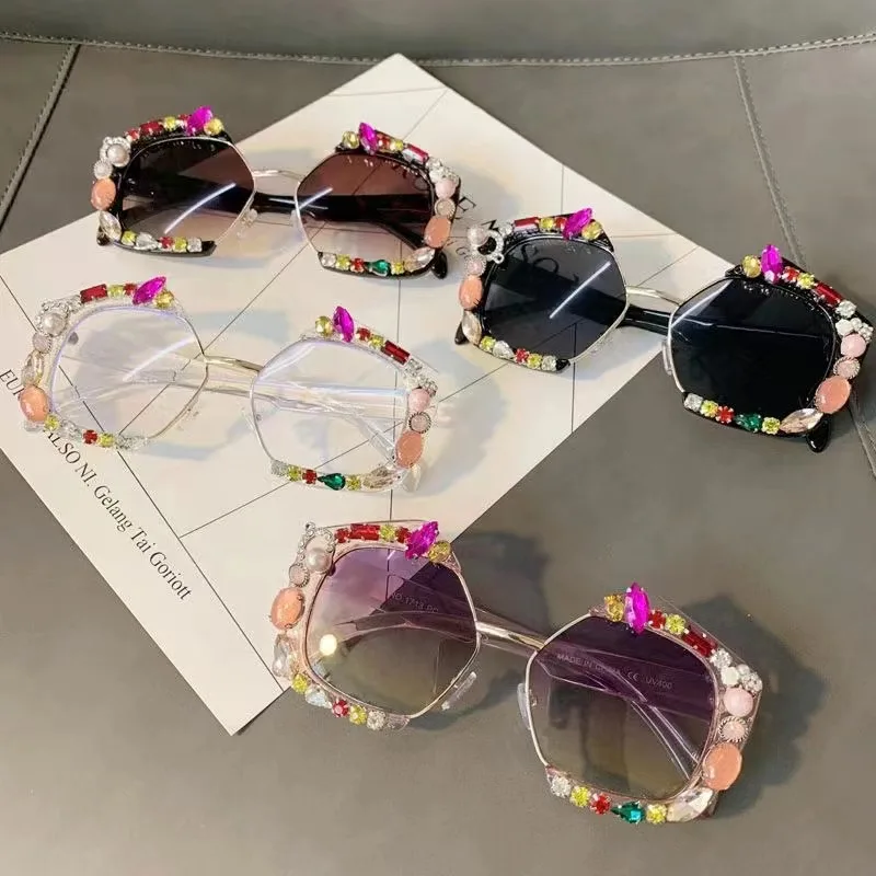 

78 Sexy Hot Crystal Rhinestone Flower Sun Glasses Semi-Rimless Diamond Flower Sunglasses, As shown