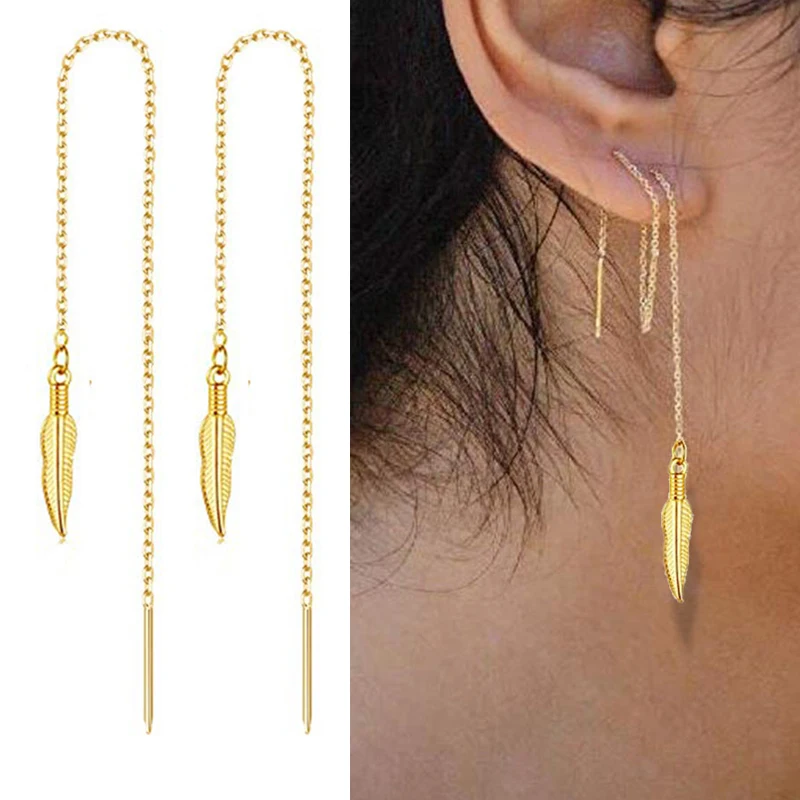 

New Fashion Golden Titanium Steel Feather Earrings Long Tassel Chain Charm Earings For Women 2021