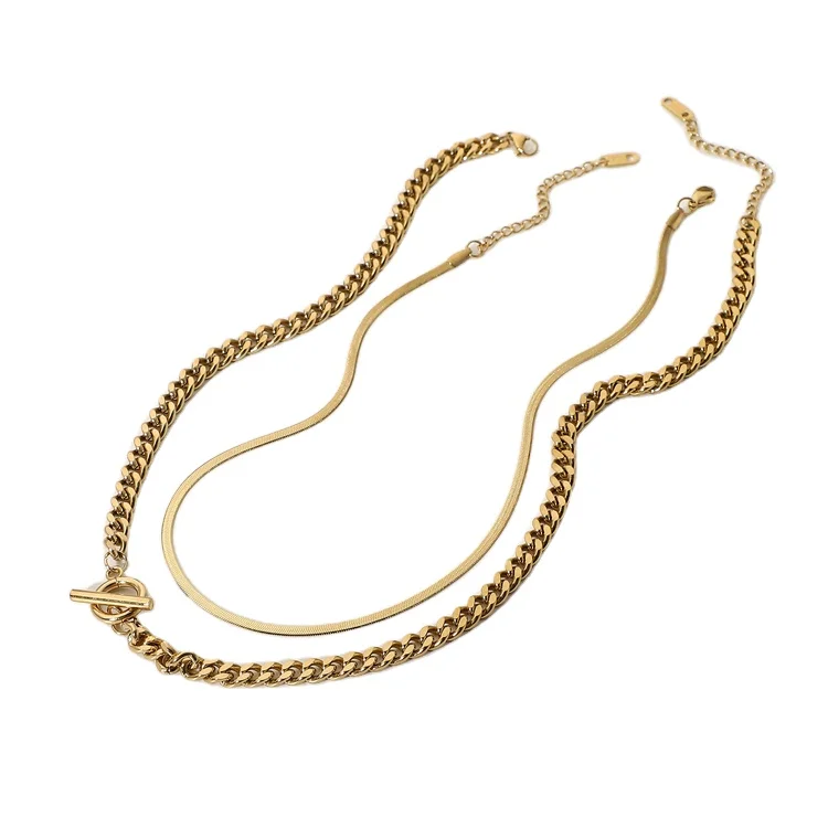 

Two-pieces flat snake Chain Necklace Sets PVD Gold plated Stainless Steel cuban link necklace toggle closure for women, Optional as picture,or customized