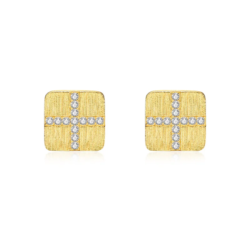

Vintage Elegant 925 Sterling Silver Brushed Jewelry 18k Gold Plated Square Shape Zircon Pave Stud Earrings